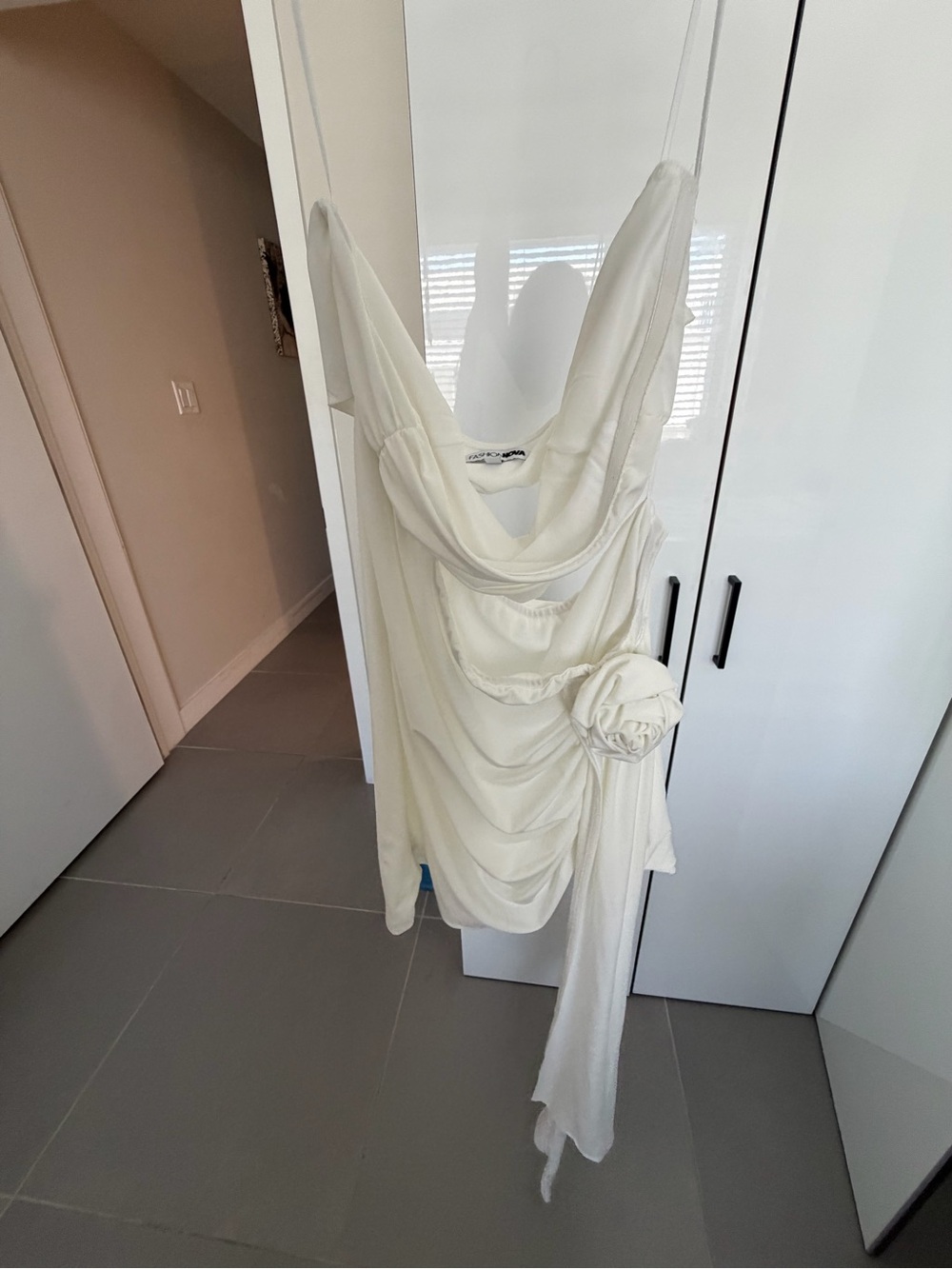Fashion Nova Ivory Draped Slip Dress with Rosette Detail